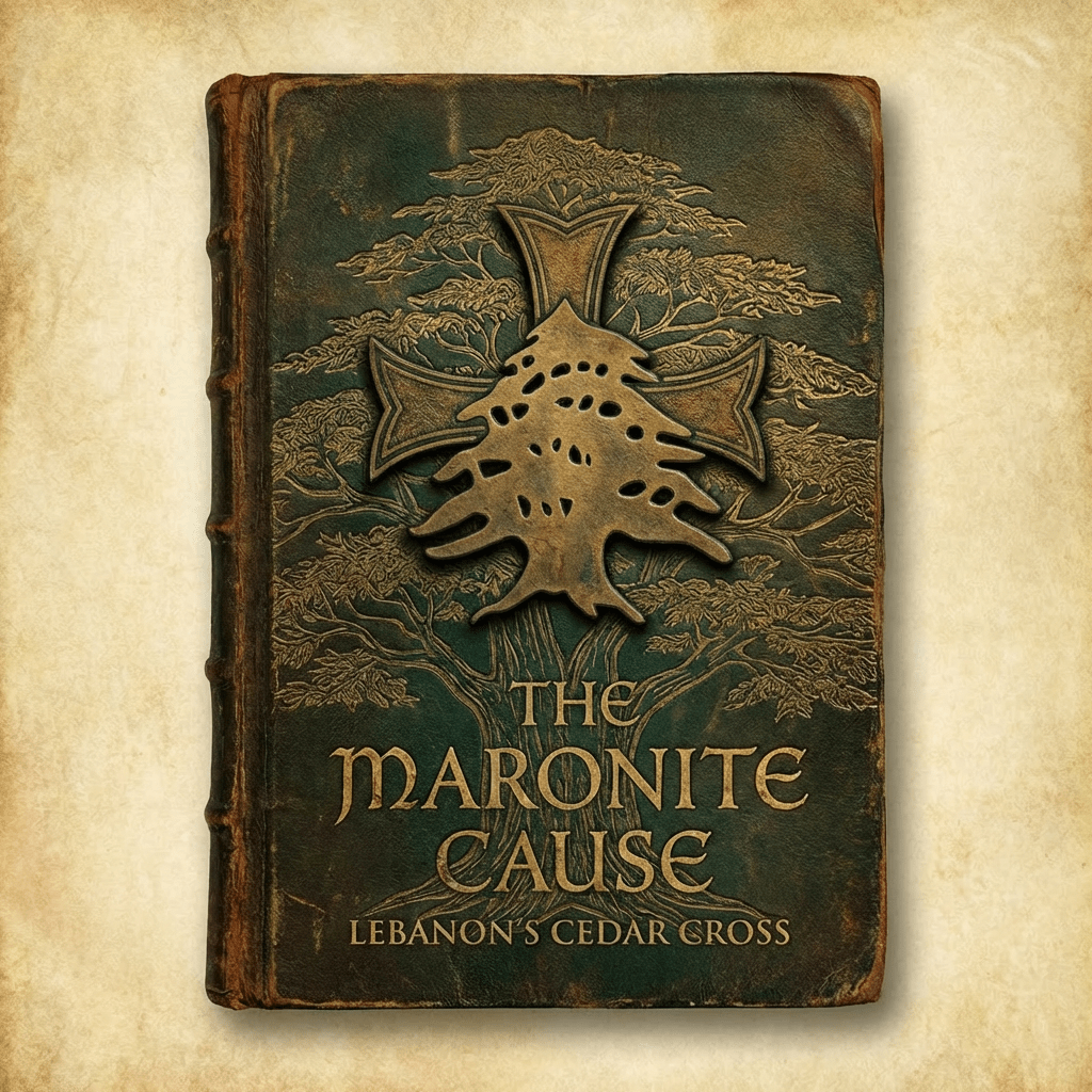 Vintage book cover titled THE MARONITE CAUSE LEBANON'S CEDAR CROSS with a cedar-cross emblem.